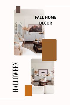 a brochure for a living room with white furniture and brown accents on the walls