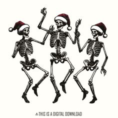 three skeletons in santa hats are dancing