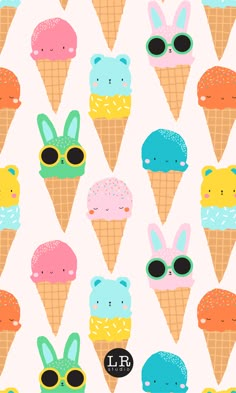 an ice cream cone with bunny ears and sunglasses on it, surrounded by other ice cream cones