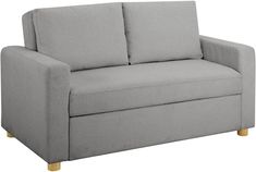 a light gray couch with wooden legs and two pillows on the armrests, against a white background