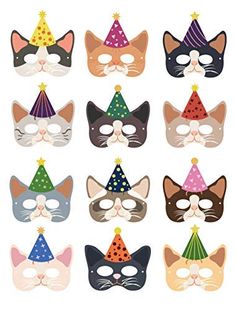 a group of cats wearing party hats on top of each other's heads in different colors