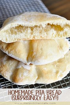 three homemade pita breads stacked on top of each other with the words homemade pita bread surprisingly easy