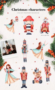 christmas characters are shown in watercolor and ink