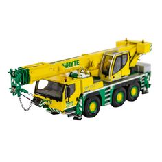 a yellow and green toy truck with a crane on it's flatbeds