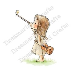 a drawing of a girl holding a violin in her hand and looking up at the sky