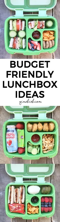 two green lunch boxes filled with food and the words budget friendly lunchbox ideas on them