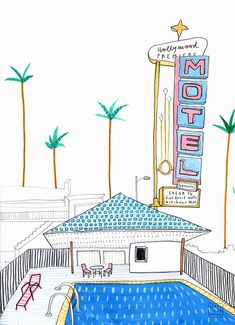 a drawing of a motel sign next to a swimming pool with chairs and umbrellas