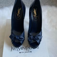 Euc Ysl Peep Toe~ 5 Inch Heel With 1 1/2 Platform; Navy Patent Leather; Comes With Original Box. Gorgeous!! Dark Blue Platform Heels, Dark Blue Heels, Blue Platform High Heels, Blue High Heel Platform Shoes, Luxury Blue Open Heel Heels, Denim Blue Open Toe Platform Heels, Navy Blue Heels, Blue Heels, 5 Inch Heels