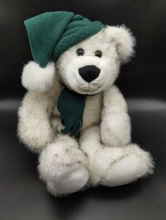 Vintage 2001 Animal Adventure Winter White Teddy Bear Plush w Green Hat & Scarf. 15" standing height. Condition is Used. White Teddy Bear, Green Hat, Teddy Bear Plush, Green Hats, Hat Scarf, Bear Plush, Winter White, Animal Pictures, Teddy Bear