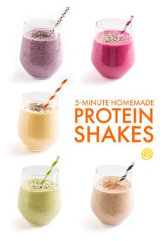 five different types of protein shakes in glasses