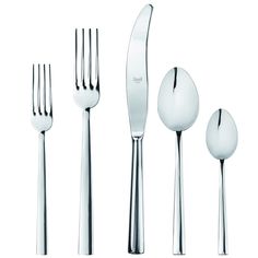 an assortment of silverware including forks, knives and spoons on a white background