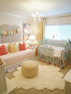 a baby's room with a crib, bed and dresser