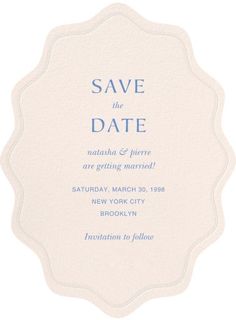 a white and blue save the date card with an ornate frame on it's front