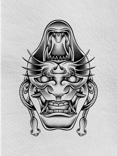 a black and white drawing of a demon mask with fangs on it's face