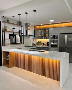 a modern kitchen with stainless steel appliances and wood accents