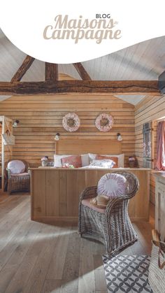 a bedroom with wooden walls and flooring