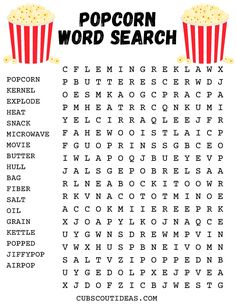 the word search for popcorn is shown in red and white