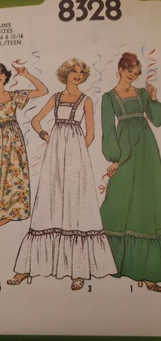 two women's dresses, one in green and the other in white