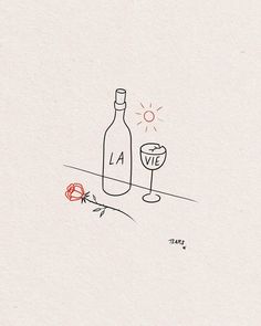 a drawing of a wine glass next to a bottle with the word la vie written on it