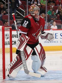 the goalie is getting ready to make a save in front of an audience at a hockey game