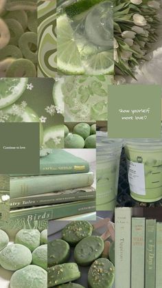 green and white collage with books, lemons, and other things in it