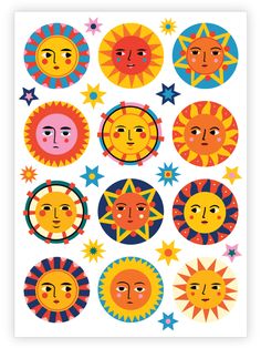 the sun and stars sticker sheet is shown in various shapes, sizes and colors