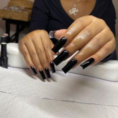 Black Nail Sets Medium Coffin, May Black Nails, Basic Black Nails Acrylic, All Black Acrylic Nails With Rhinestones, Acrylic Nail Set Ideas Simple, Simple Nails Square Long, Plain Set Acrylic Nails, Black Full Set Nails Acrylics, Solid Black Acrylic Nails