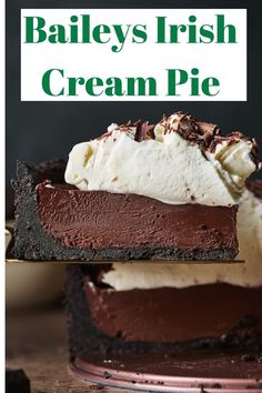 bailey's irish cream pie on a plate with the words baileys irish cream pie above it