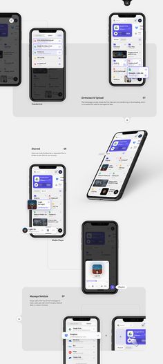 several different types of cell phones and their screens are shown in this graphic design process