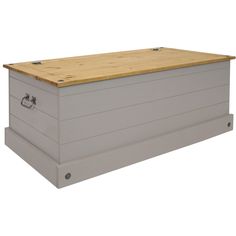 a large white box with wooden top and latches on the sides is shown in front of a white background