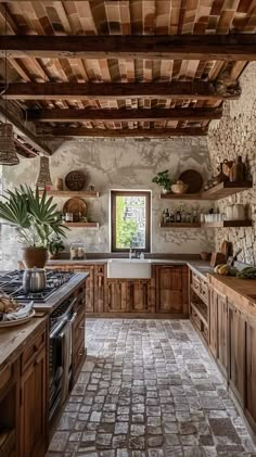 a kitchen with wooden cabinets and tile flooring