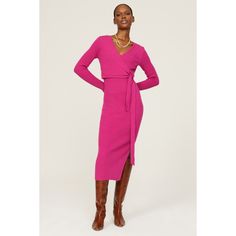 Pink knit (70% Cotton, 30% Wool). Wrap. V-neck. Long sleeves. Tie closure. 48” from shoulder to hemline. Imported. Pink Wrap Dress, Pink Wrap, Wool Wrap, Pink Knit, Wrap Midi Dress, Rent The Runway, Closet Designs, Wrap Dress, High Neck Dress