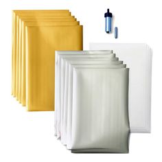 five white and yellow envelopes are lined up next to each other on a white background