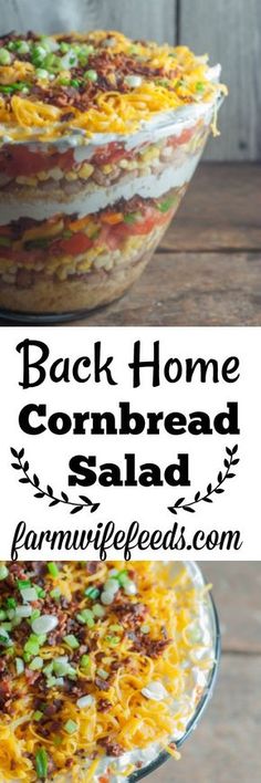 back home cornbread salad in a glass dish with the title above it and below