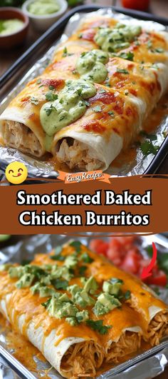 two different pictures of some food in pans with the words smothered baked chicken burritos