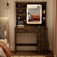 a bedroom scene with focus on the vanity and mirror