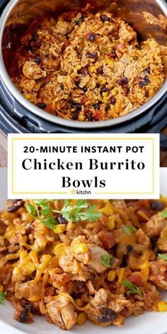 an instant pot chicken burrito bowl with text overlay