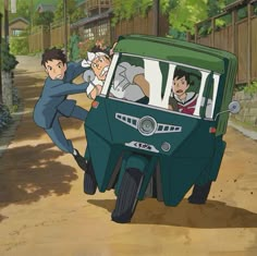 an animated image of two people riding on the back of a green car in front of a house