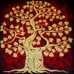 the golden tree is painted on red and gold foil with black background, it looks like an art work