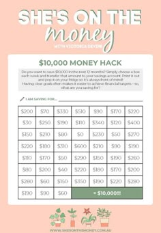 the $ 10, 000 money hack game is shown in pink and white with green accents