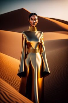 a woman standing in the desert wearing a gold dress