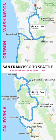 the san francisco to seattle route map is shown in two separate sections, one with a blue line