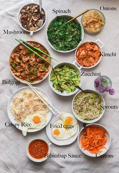 a table topped with bowls filled with different types of food next to chopsticks