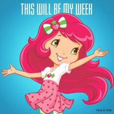 a cartoon girl with pink hair and green eyes is holding her arms out in the air