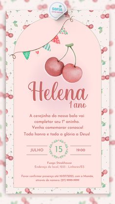 a pink card with two cherries hanging from it's side, and the words hello