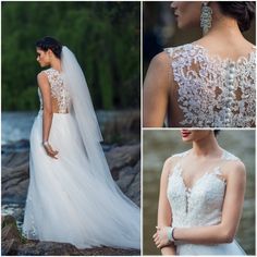 the back of a bride's wedding dress with lace and beading on it