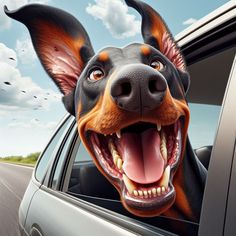 a close up of a dog sticking its head out of a car window with it's mouth open