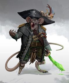 a cartoon rat with a pirate hat and eye patch holding a green object in its hand