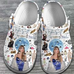 a pair of shoes with pictures of taylor swift and other people on them, all painted white