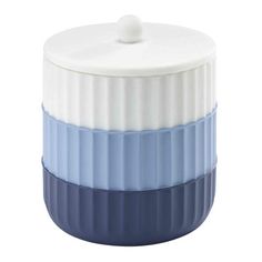 a blue and white container with a lid on the top is sitting in front of a white background